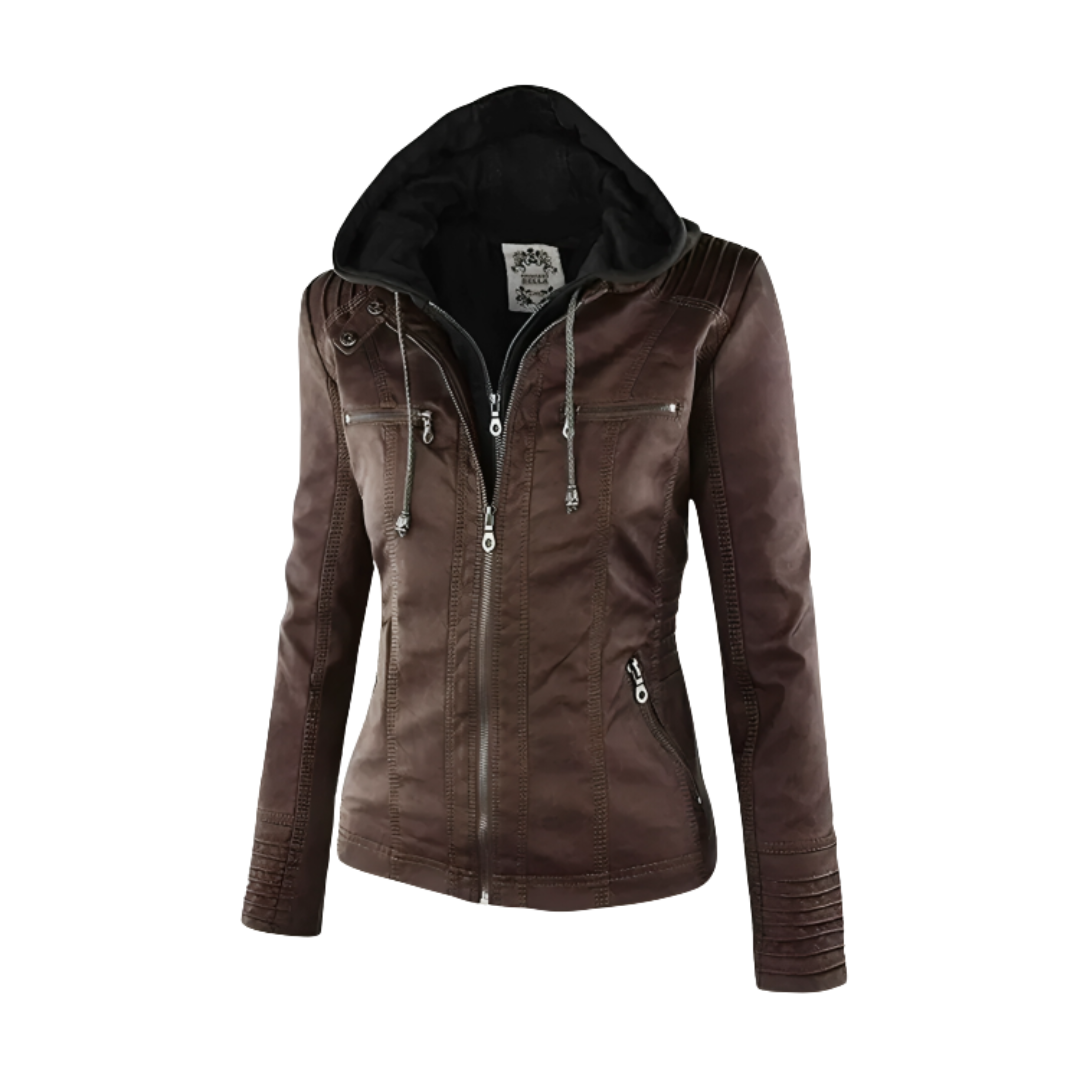 Women’s Waterproof Vegan Leather Biker Jacket with Hood