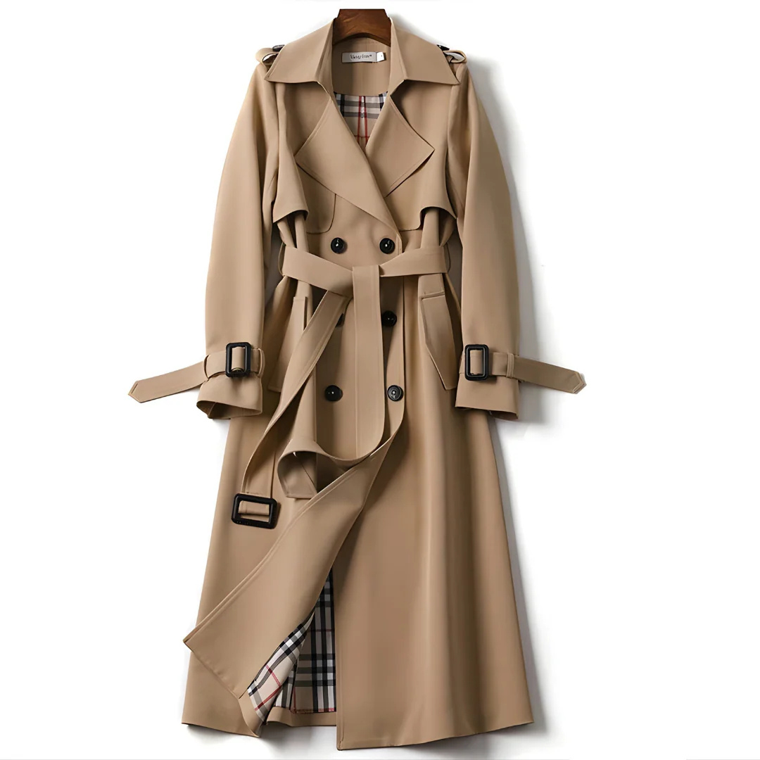 Women’s Long Double-Breasted Trench Coat – Belted Classic Overcoat