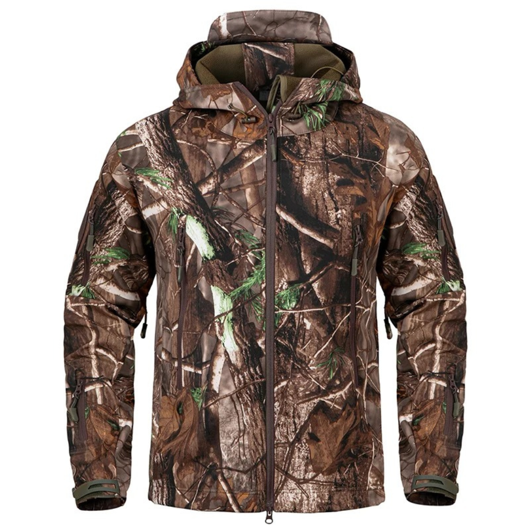Men’s Waterproof Camo Softshell Jacket – Windproof Hunting Fleece with Hood