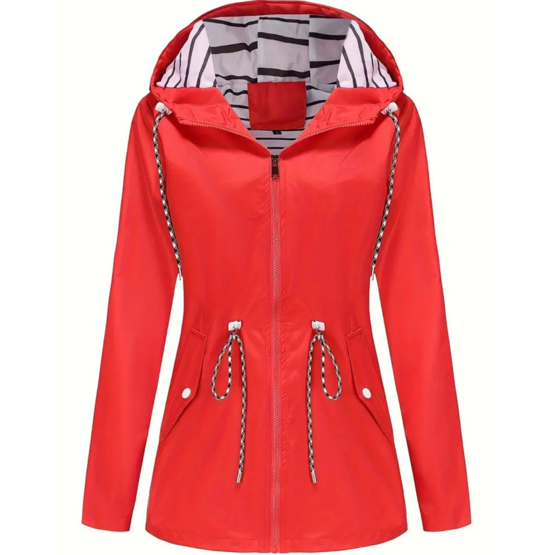 Women’s Waterproof Lightweight Jacket with Adjustable Waist – Hooded Raincoat