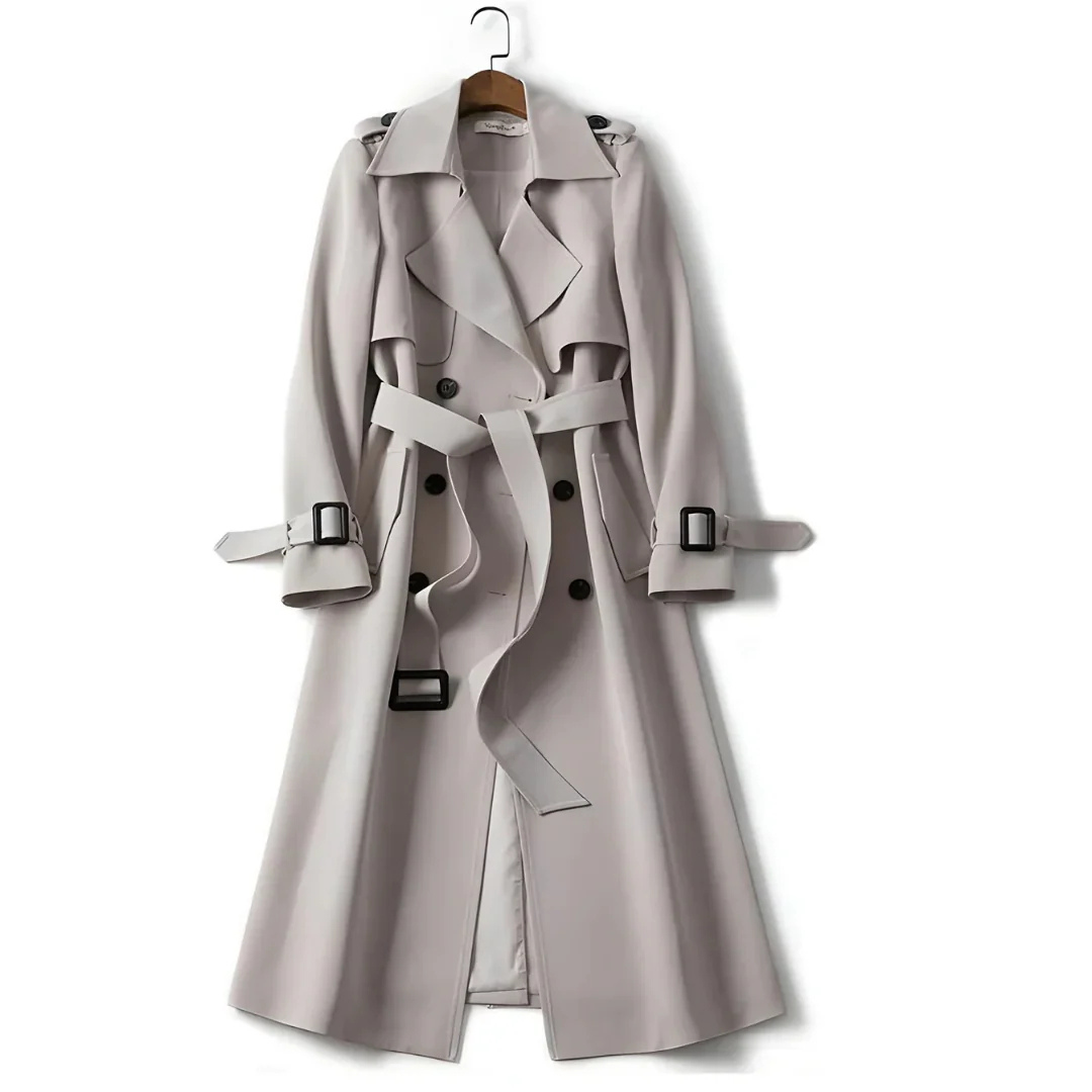 Women’s Long Double-Breasted Trench Coat – Belted Classic Overcoat