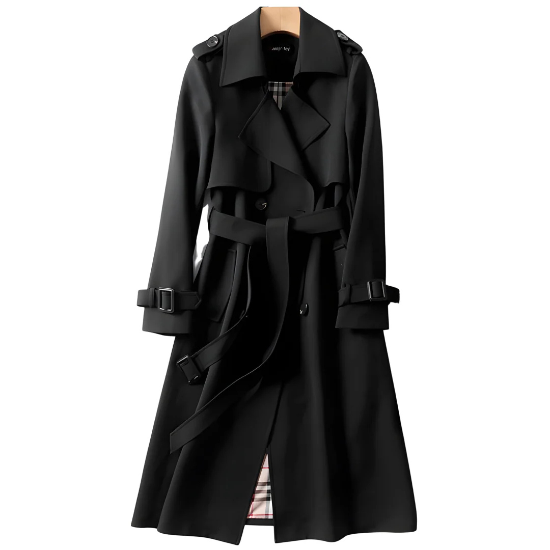 Women’s Long Double-Breasted Trench Coat – Belted Classic Overcoat