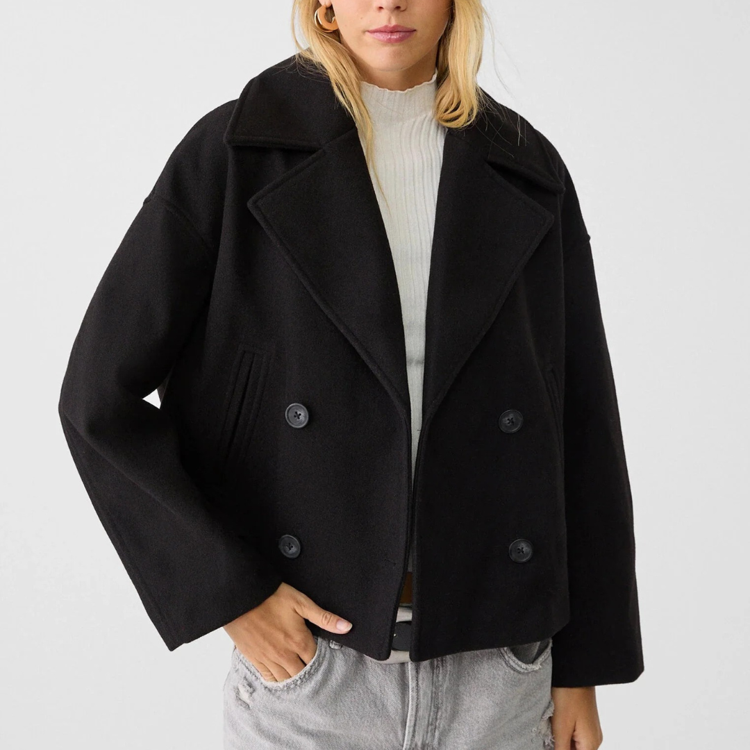 Women’s Cropped Wool Coat – Vintage Double-Breasted Jacket
