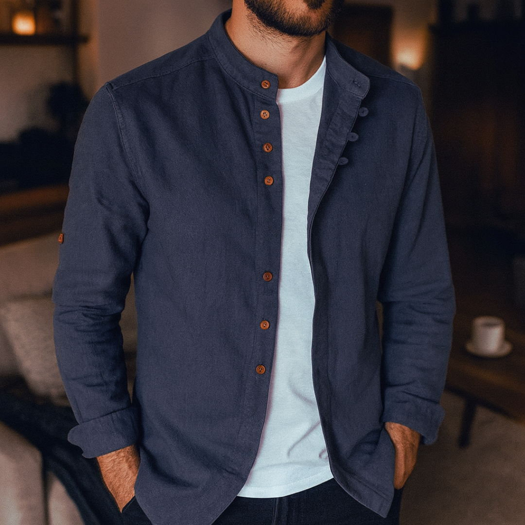 Cotton Long Sleeve Sweater Shirt with Mandarin Collar – Sjors Vest