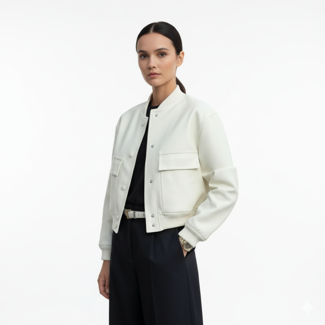 Women’s Cropped Bomber Jacket – Minimalist Soft-Touch Zip Jacket