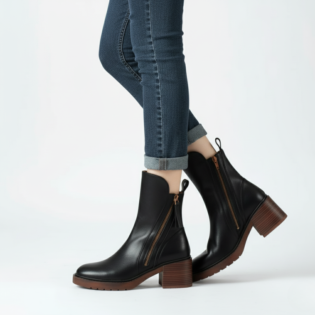 Women’s Block Heel Ankle Boots – Zip-Up Leather Look Boots