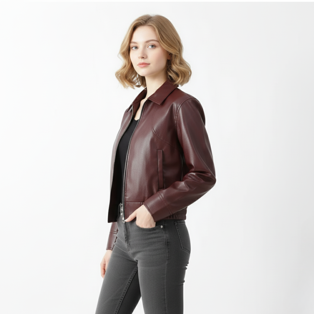 Women’s Cropped Faux Leather Jacket – Zip-Up Moto Style (Wine Red)