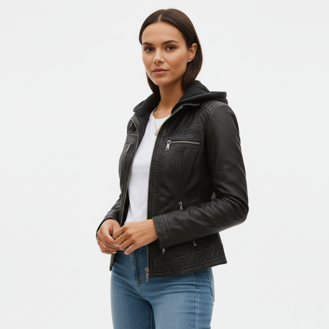 Women’s Waterproof Vegan Leather Biker Jacket with Hood