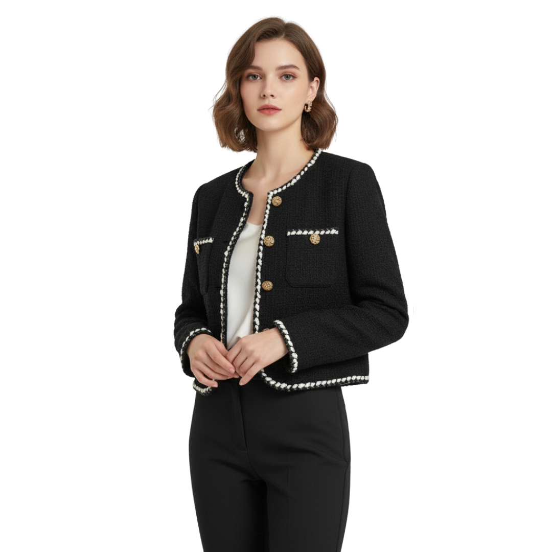 Women’s Tweed Button Jacket – Bellever Classic Gold-Trim Blazer