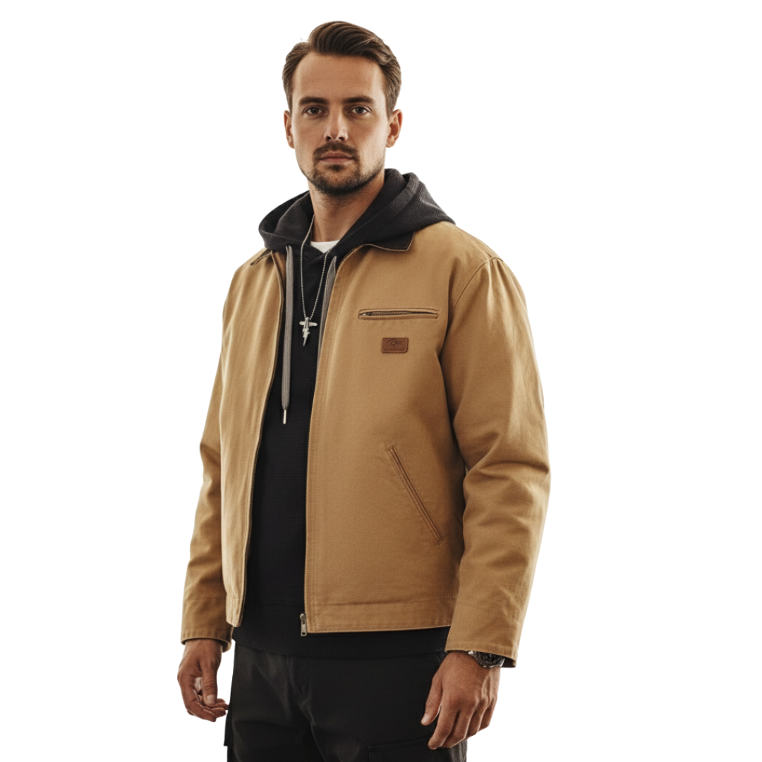 Men’s Canvas Workwear Jacket with Corduroy Collar – Utility Zip Jacket