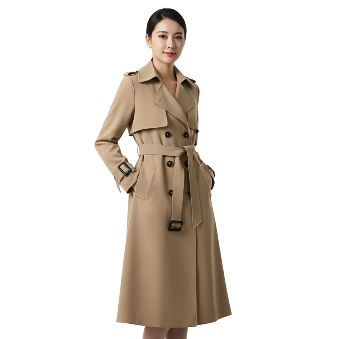 Women’s Long Double-Breasted Trench Coat – Belted Classic Overcoat