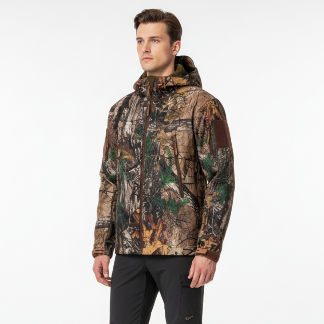 Men’s Waterproof Camo Softshell Jacket – Windproof Hunting Fleece with Hood