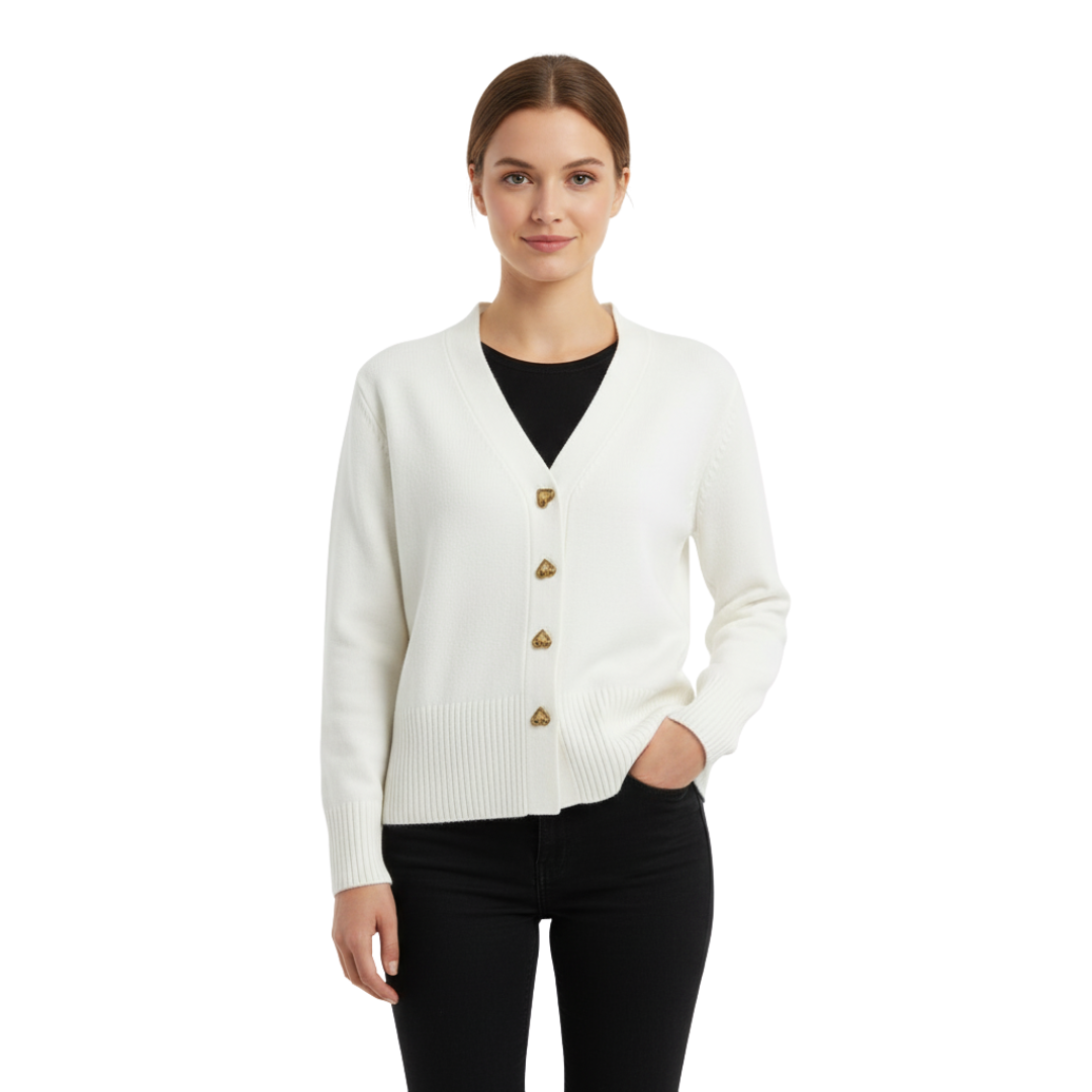 Women’s Heart-Button Knit Cardigan – Soft V-Neck Sweater