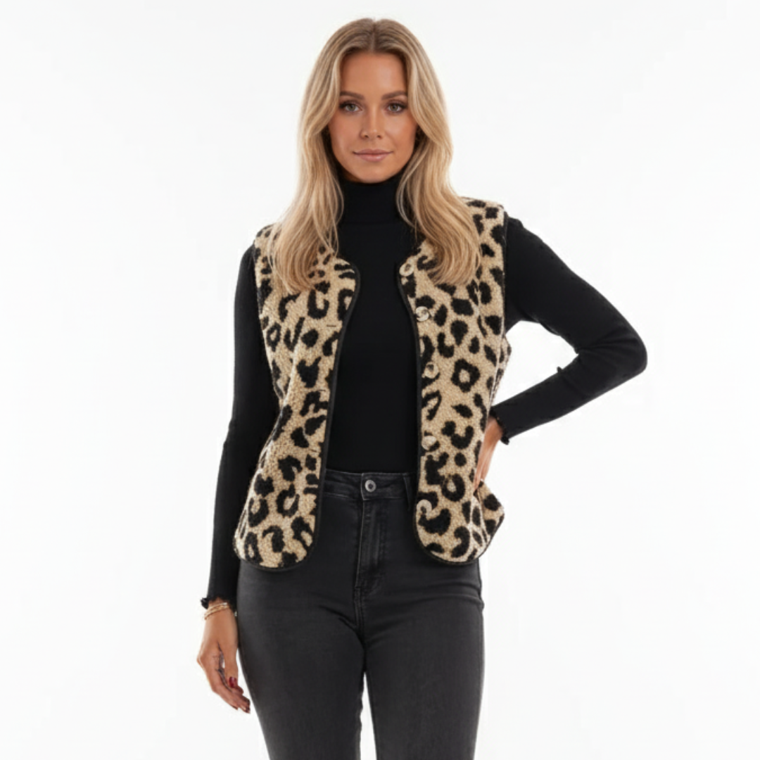 Women’s Leopard Print Fleece Vest – Warm Fuzzy Sherpa Sweater Vest