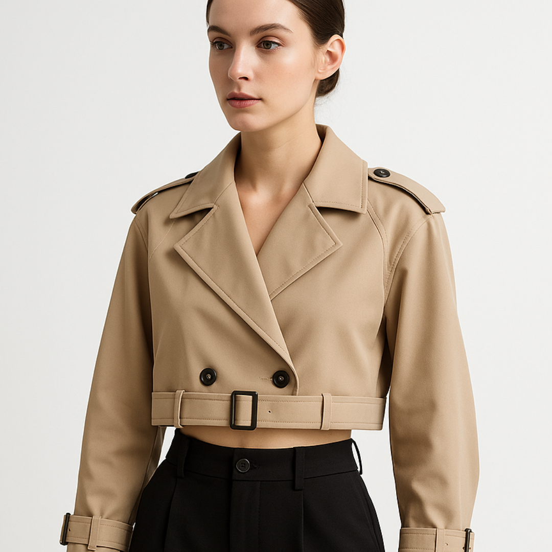 Women’s Cropped Trench Coat – Double-Breasted Belted Short Jacket