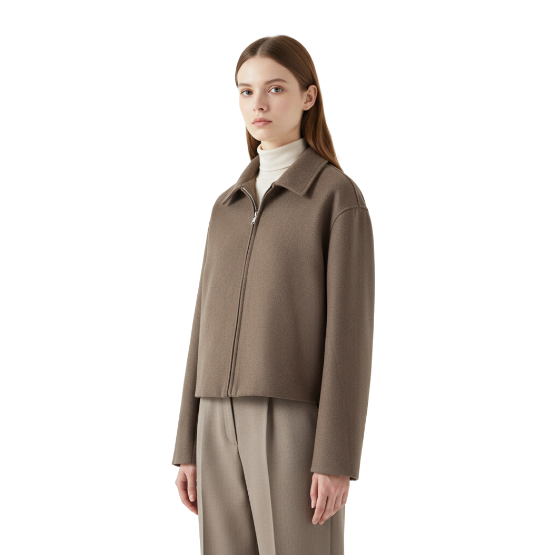 Women’s Cropped Wool-Blend Zip Jacket – Minimalist Wide Sleeve Coat