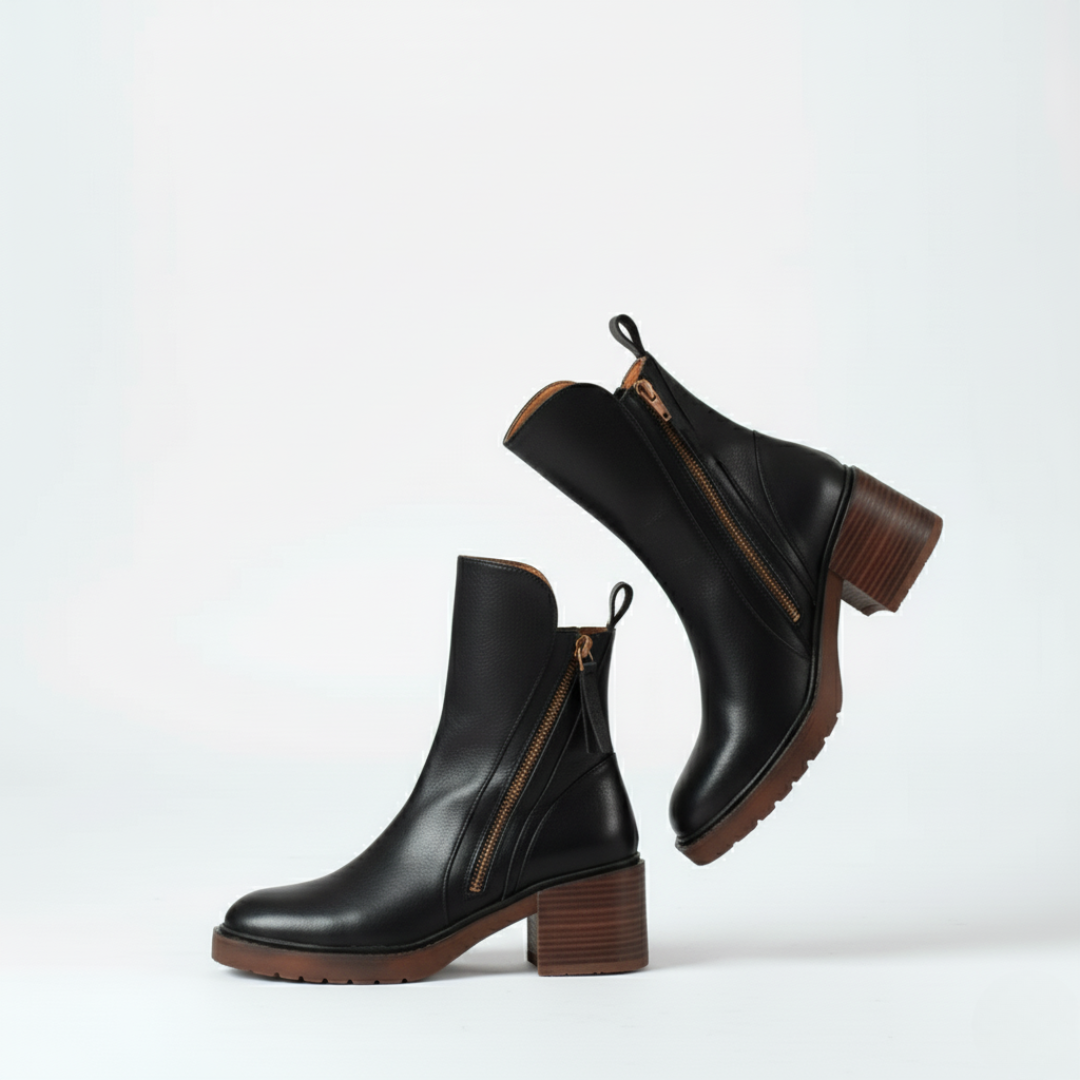 Women’s Block Heel Ankle Boots – Zip-Up Leather Look Boots