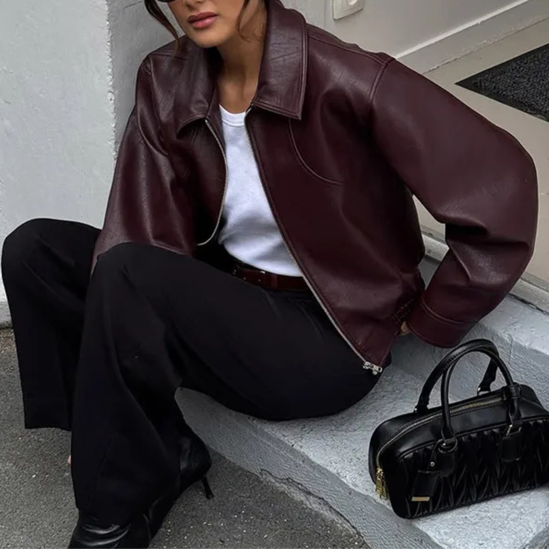 Women’s Cropped Faux Leather Jacket – Vintage Zip-Up Moto Style