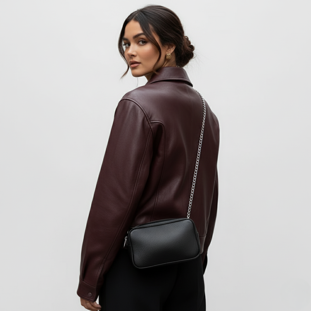 Women’s Cropped Faux Leather Jacket – Vintage Zip-Up Moto Style