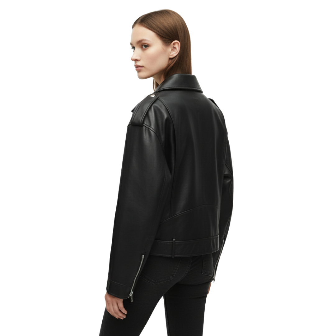 Women’s Faux Leather Biker Jacket – Stormline Cropped Moto Jacket with Belt