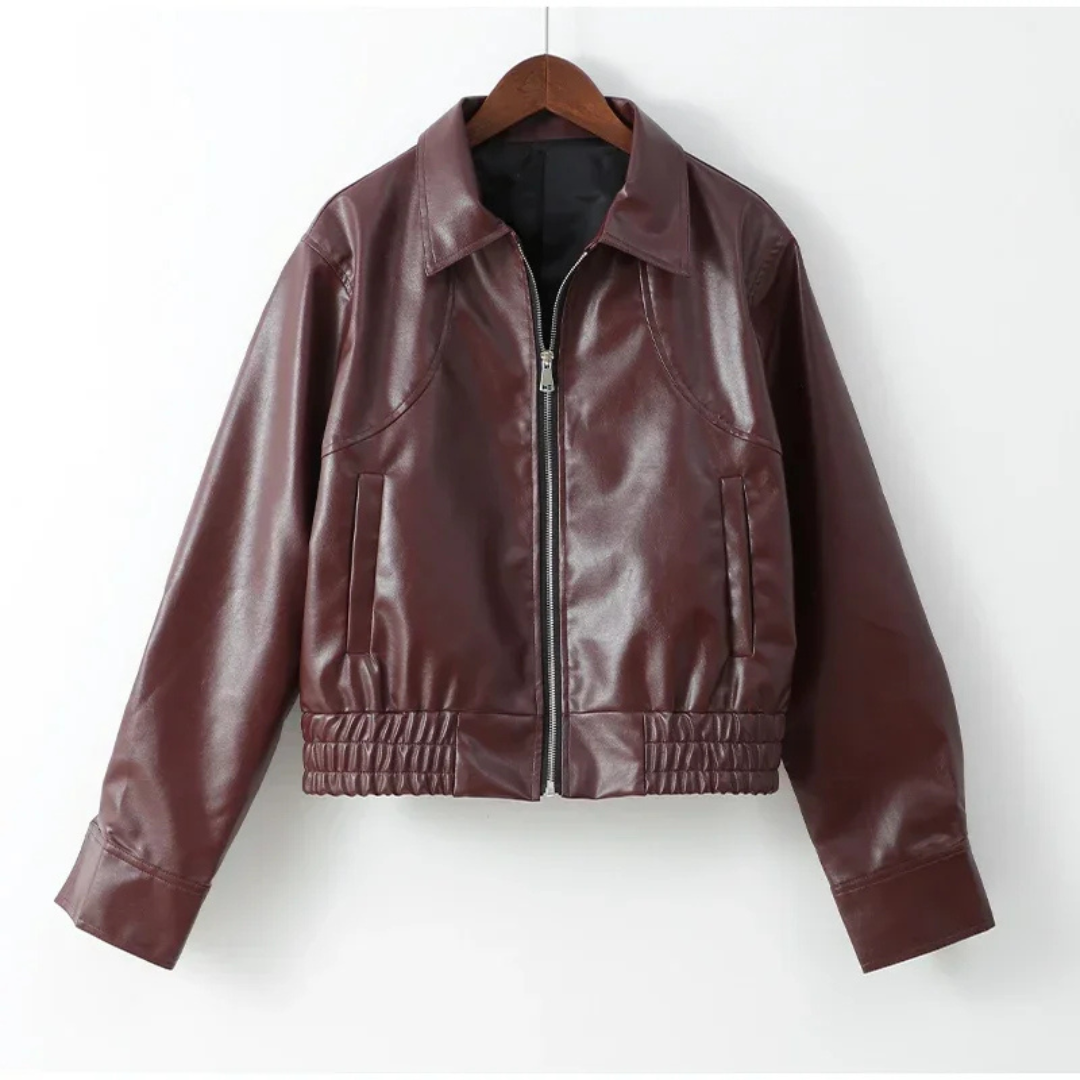 Women’s Cropped Faux Leather Jacket – Zip-Up Moto Style (Wine Red)