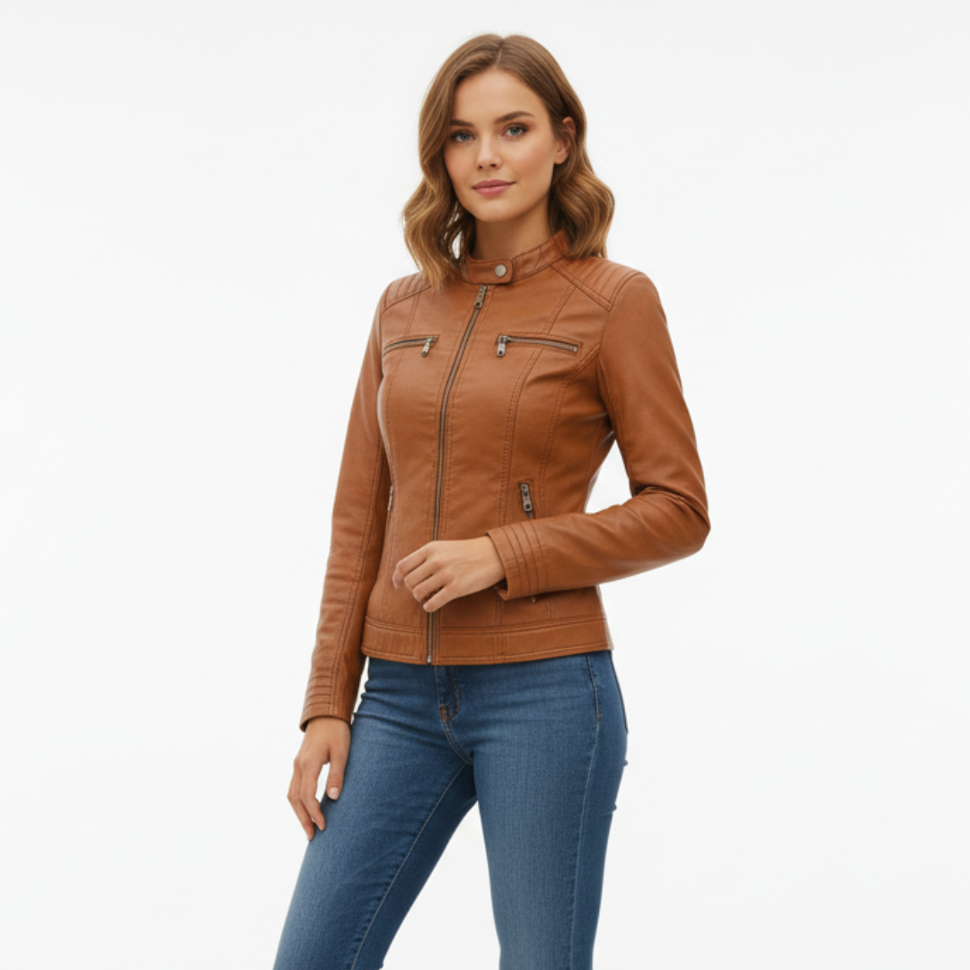 Women’s Waterproof Vegan Leather Biker Jacket with Hood