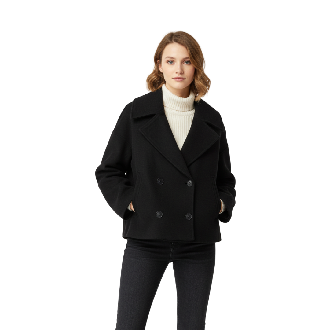 Women’s Cropped Wool Coat – Vintage Double-Breasted Jacket