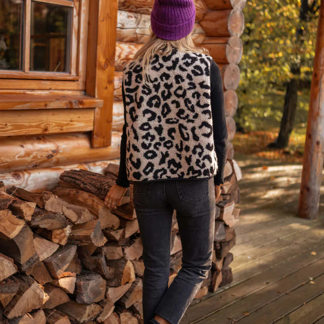 Women’s Leopard Print Fleece Vest – Warm Fuzzy Sherpa Sweater Vest