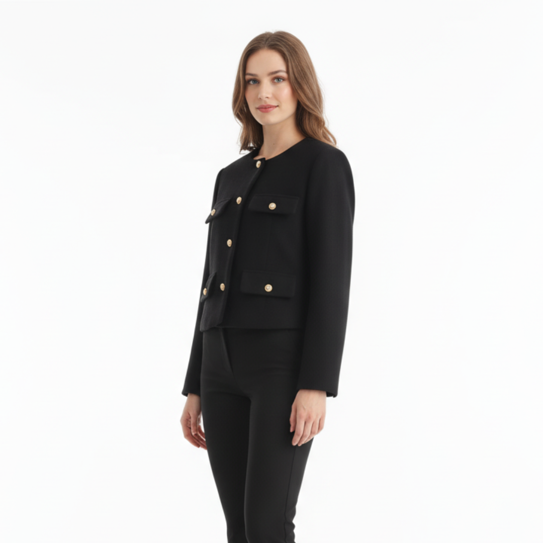 Women’s Cropped Bouclé Tweed Jacket – Elegant Gold Button Cardigan Blazer