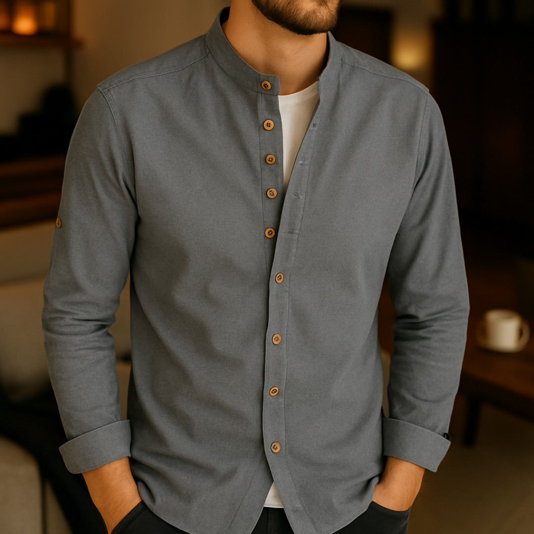 Cotton Long Sleeve Sweater Shirt with Mandarin Collar – Sjors Vest