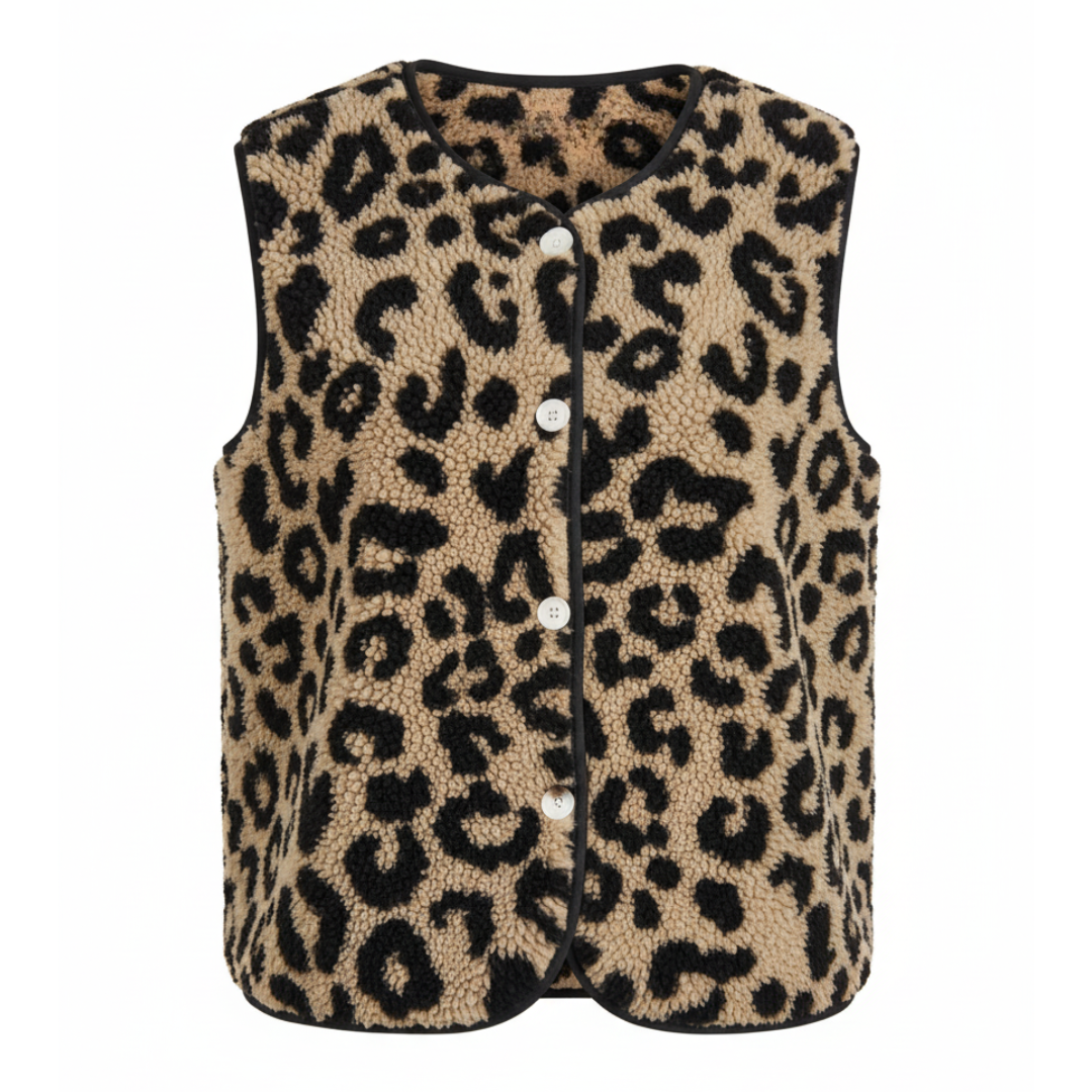 Women’s Leopard Print Fleece Vest – Warm Fuzzy Sherpa Sweater Vest