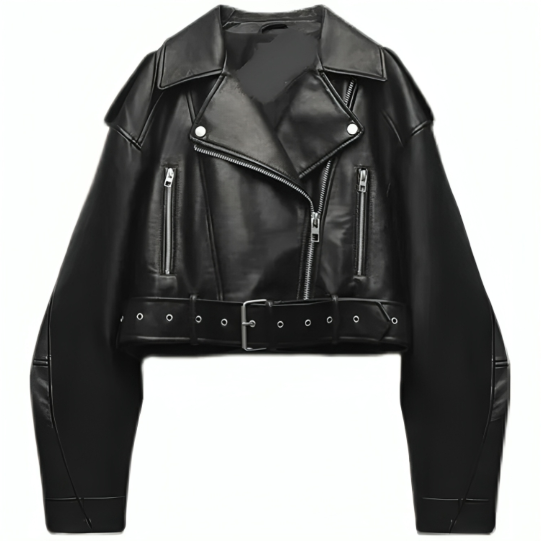 Women’s Faux Leather Biker Jacket – Stormline Cropped Moto Jacket with Belt