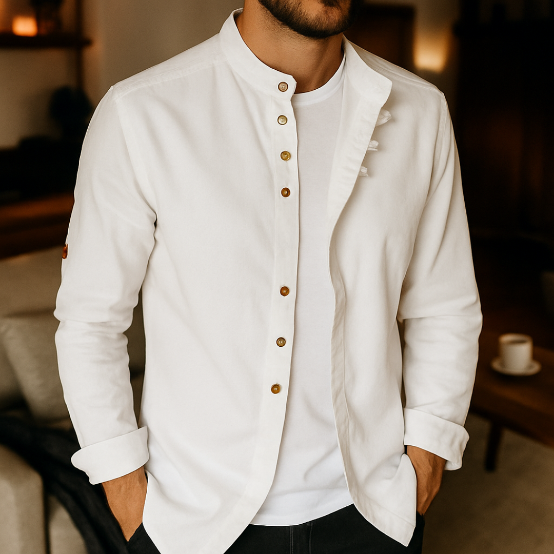 Cotton Long Sleeve Sweater Shirt with Mandarin Collar – Sjors Vest