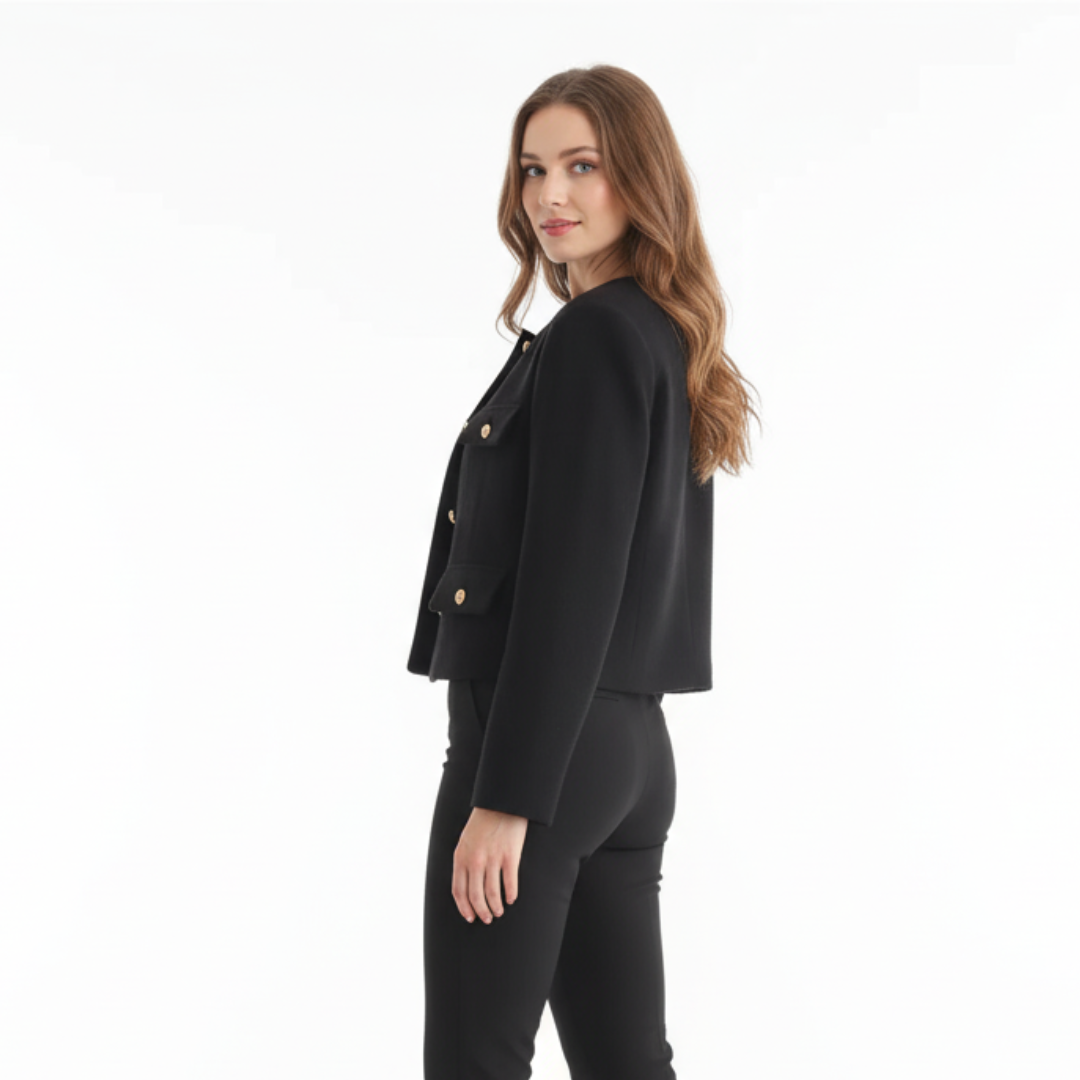 Women’s Cropped Bouclé Tweed Jacket – Elegant Gold Button Cardigan Blazer