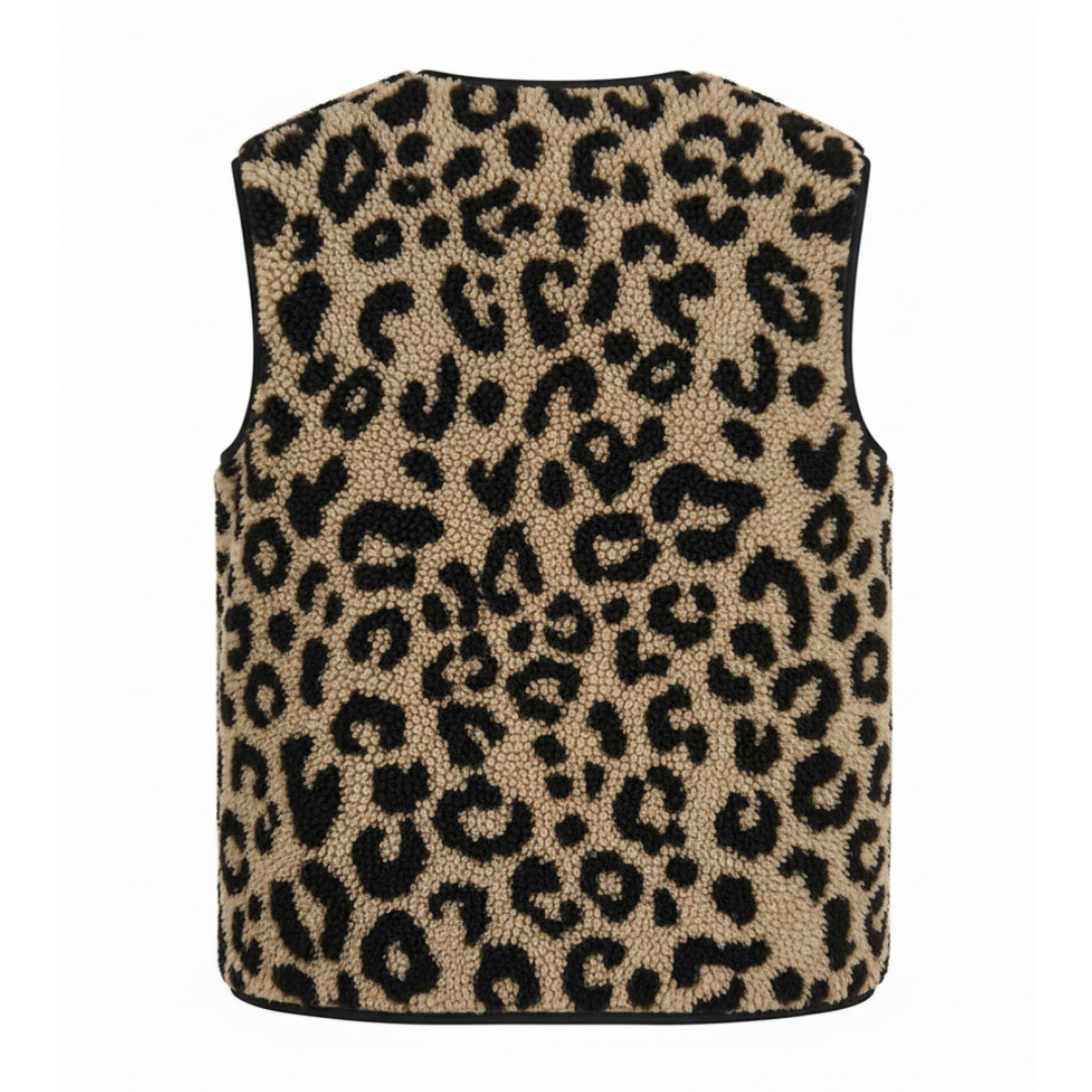 Women’s Leopard Print Fleece Vest – Warm Fuzzy Sherpa Sweater Vest