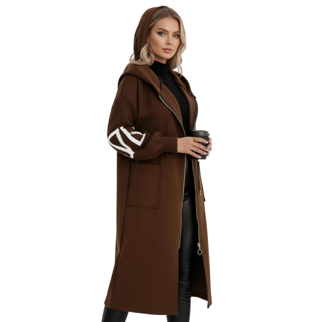 Women’s Long Hooded Winter Coat – Casual Warm Knit-Sleeve Coat with Pockets
