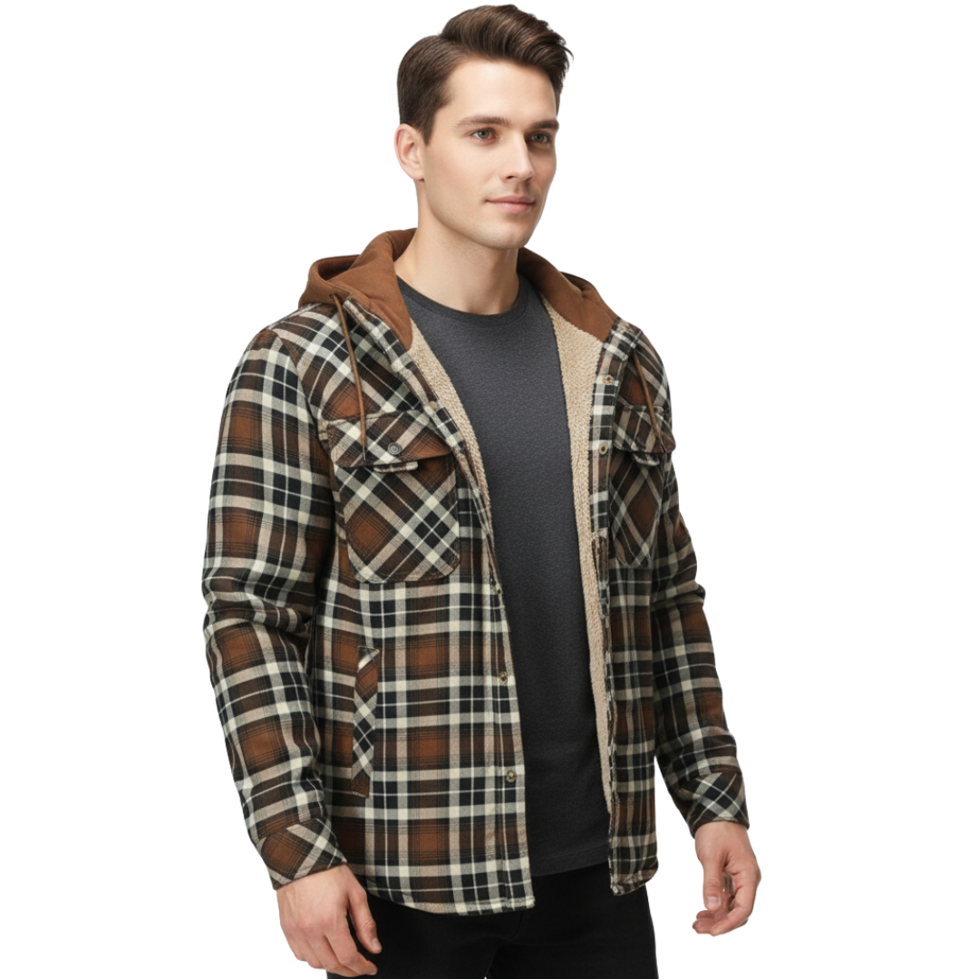 Men’s Hooded Sherpa-Lined Flannel Jacket – Warm Winter Plaid Shirt Jacket