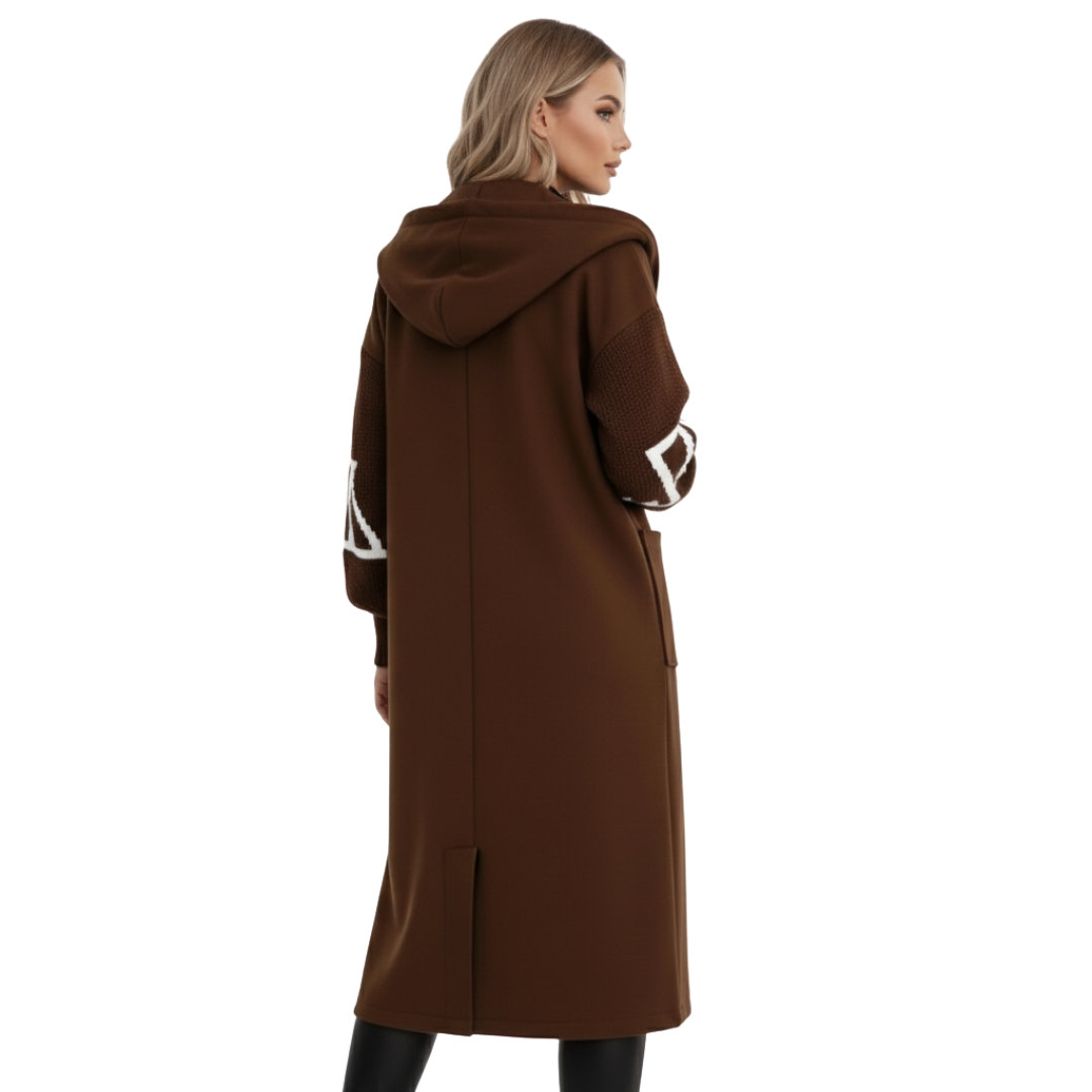 Women’s Long Hooded Winter Coat – Casual Warm Knit-Sleeve Coat with Pockets