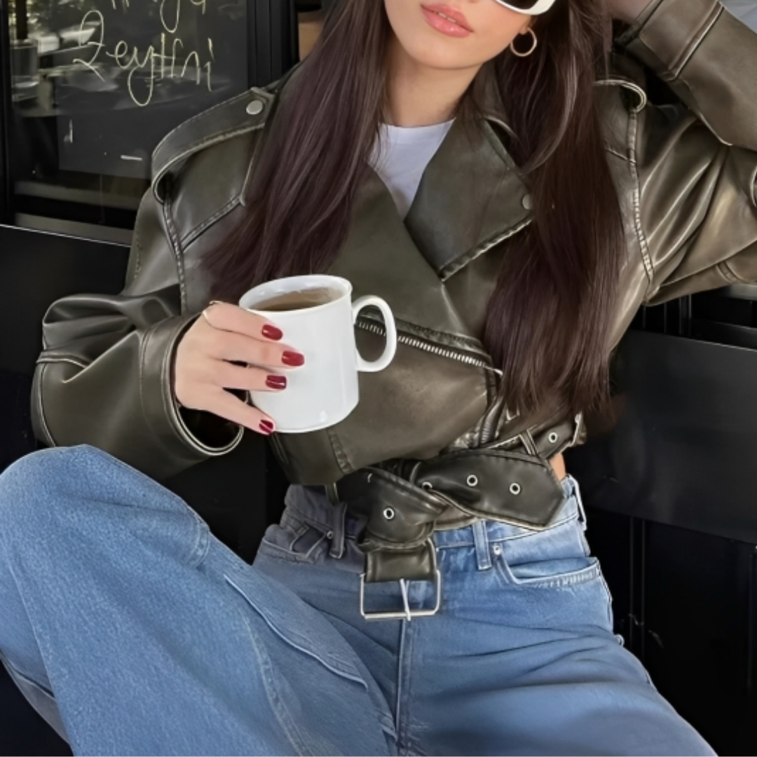 Women’s Faux Leather Biker Jacket – Stormline Cropped Moto Jacket with Belt