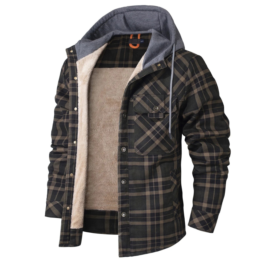 Men’s Hooded Sherpa-Lined Flannel Jacket – Warm Winter Plaid Shirt Jacket