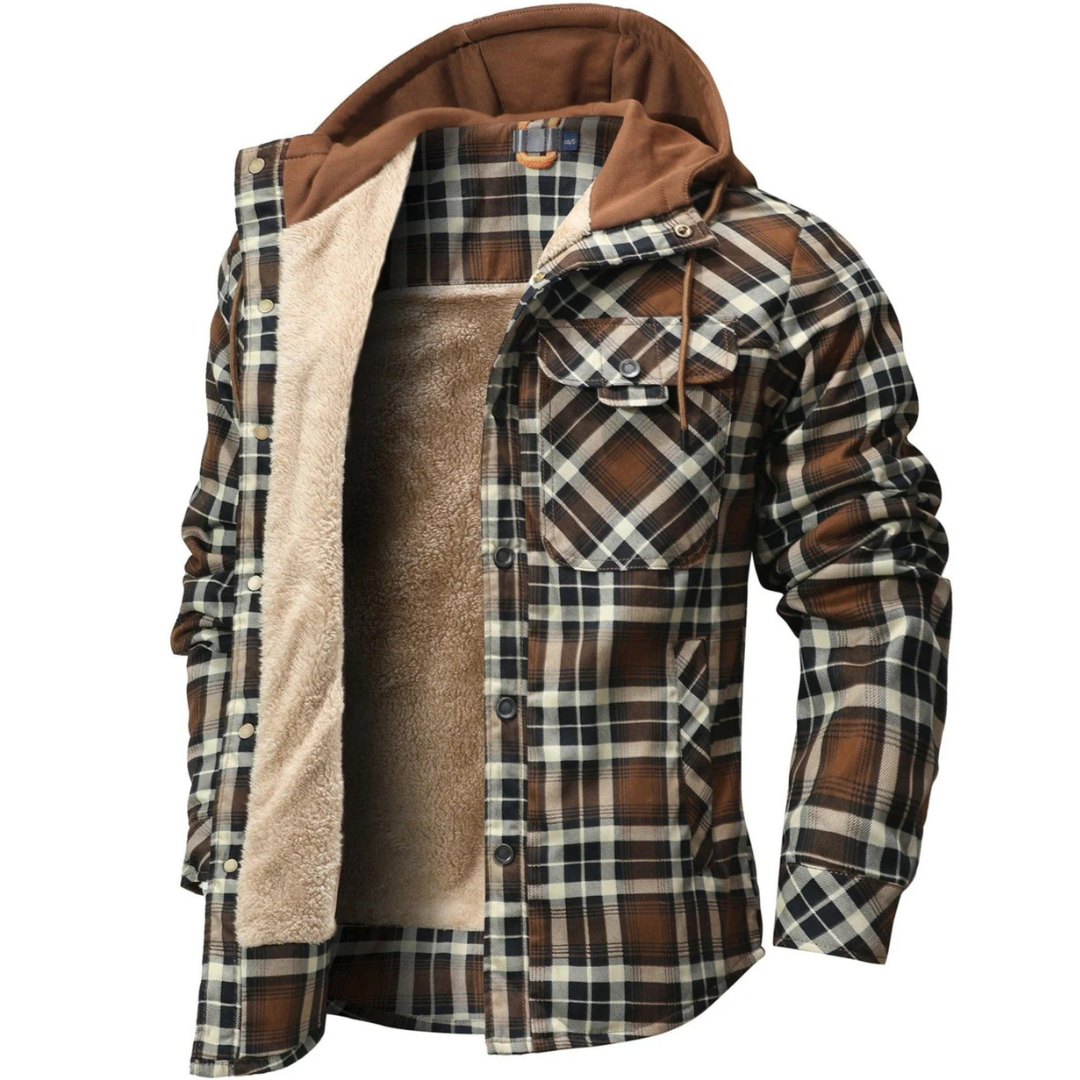 Men’s Hooded Sherpa-Lined Flannel Jacket – Warm Winter Plaid Shirt Jacket