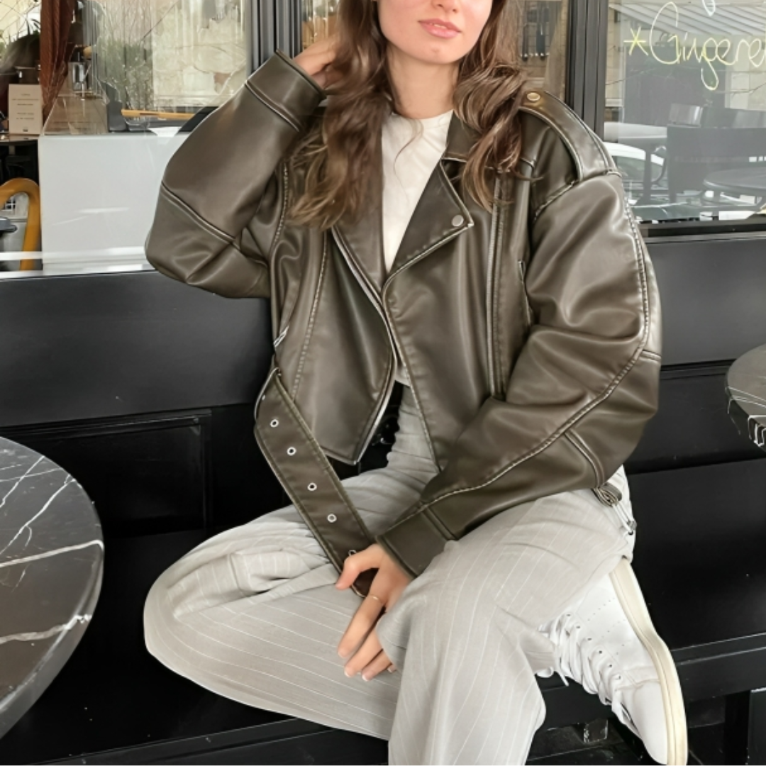 Women’s Faux Leather Biker Jacket – Stormline Cropped Moto Jacket with Belt