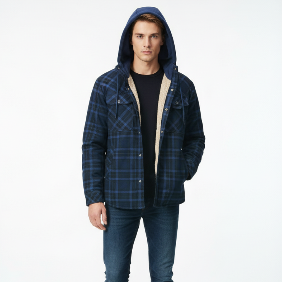 Men’s Hooded Sherpa-Lined Flannel Jacket – Warm Winter Plaid Shirt Jacket