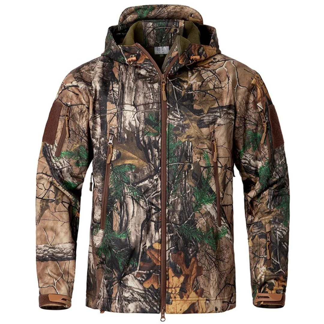 Men’s Waterproof Camo Softshell Jacket – Windproof Hunting Fleece with Hood