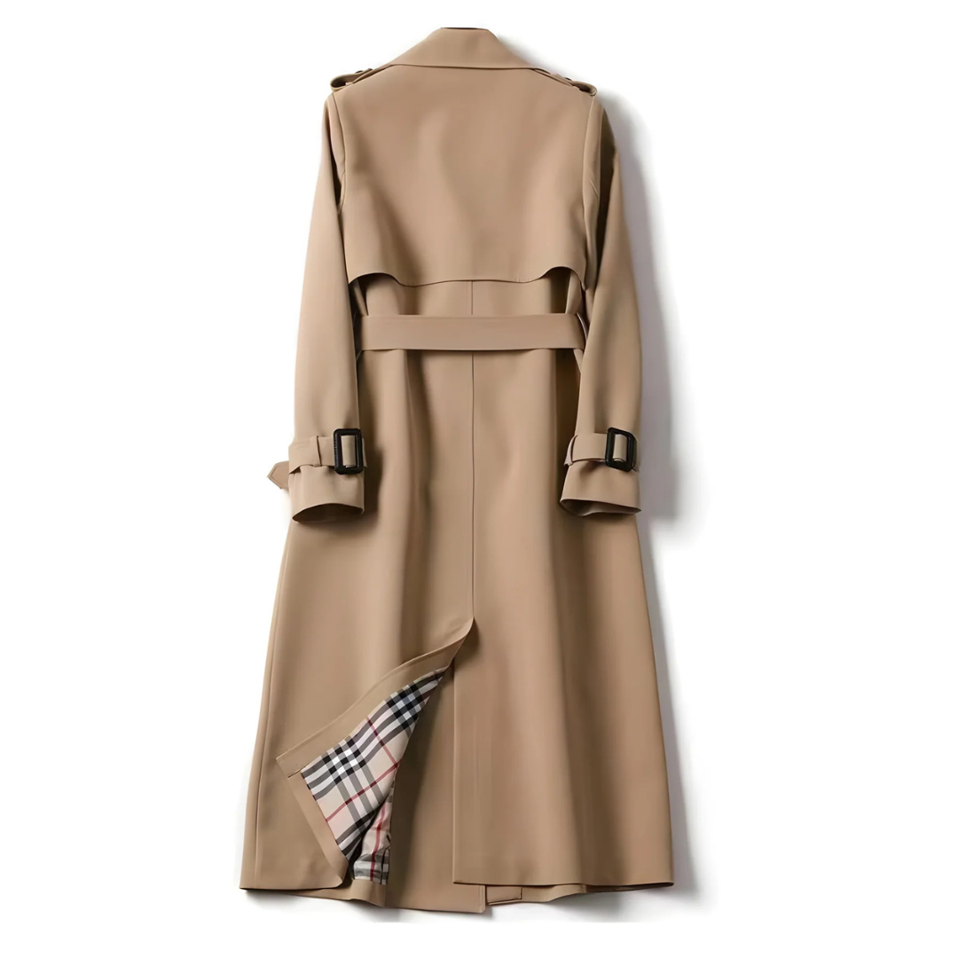 Women’s Long Double-Breasted Trench Coat – Belted Classic Overcoat