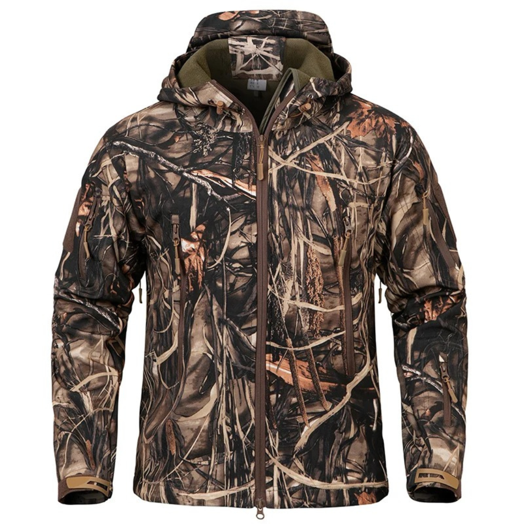 Men’s Waterproof Camo Softshell Jacket – Windproof Hunting Fleece with Hood