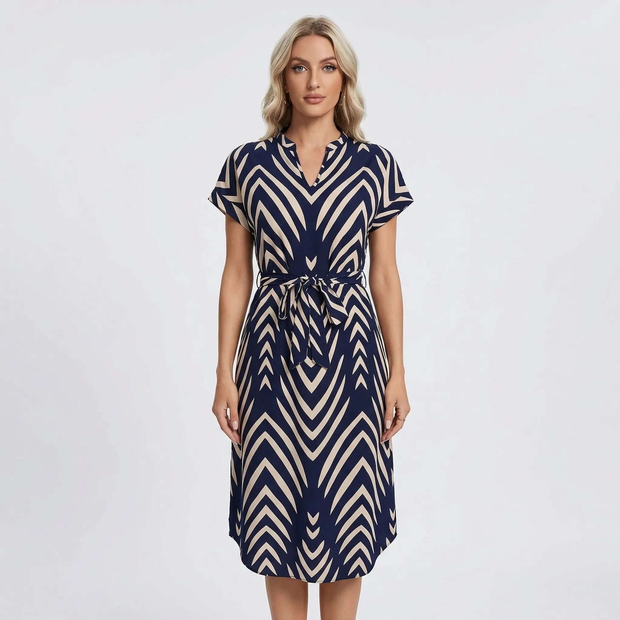 Nordspur | Beltoria V-Neck Striped Belted Day Dress