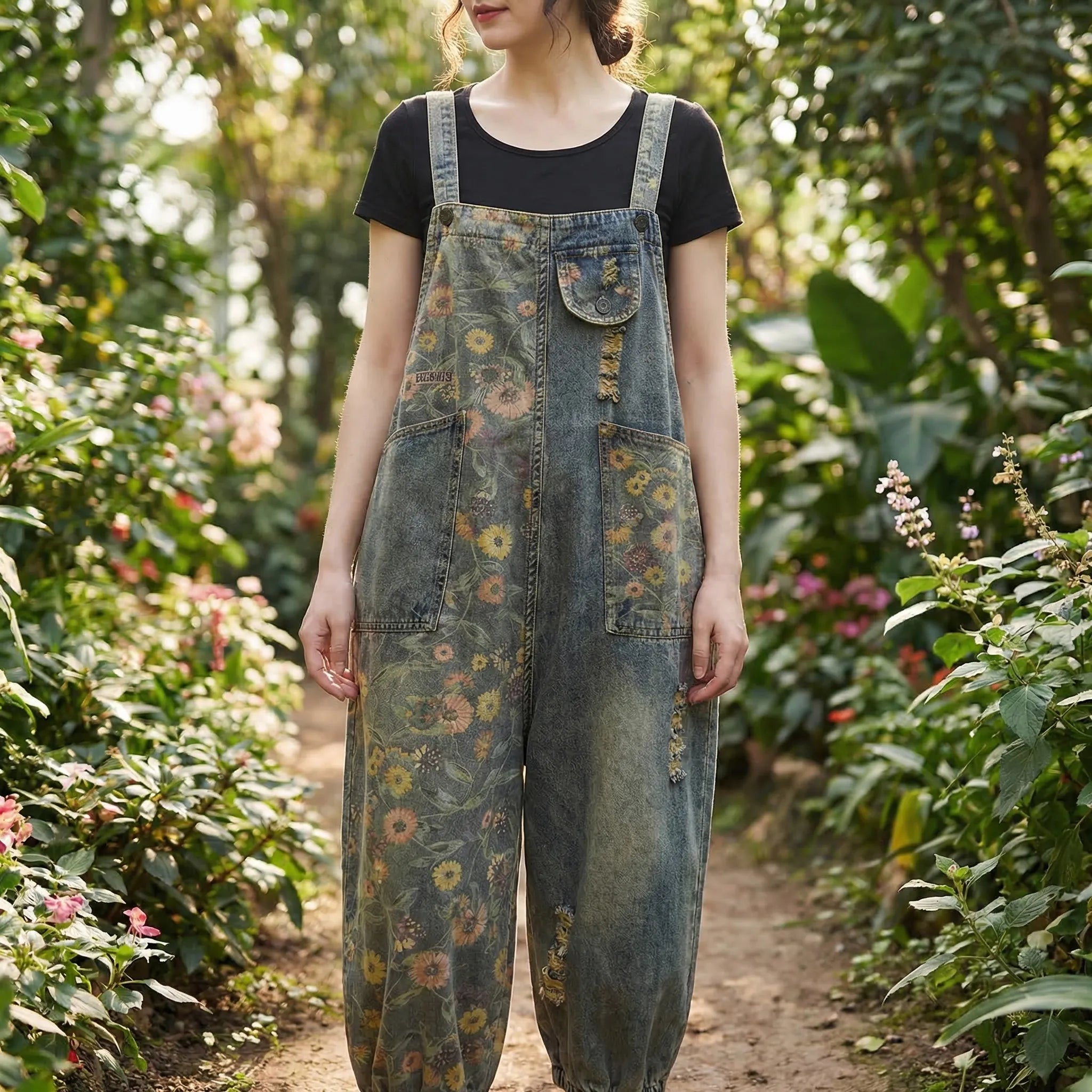 Nordspur | Florovelle Floral Print Denim Dungaree Jumpsuit