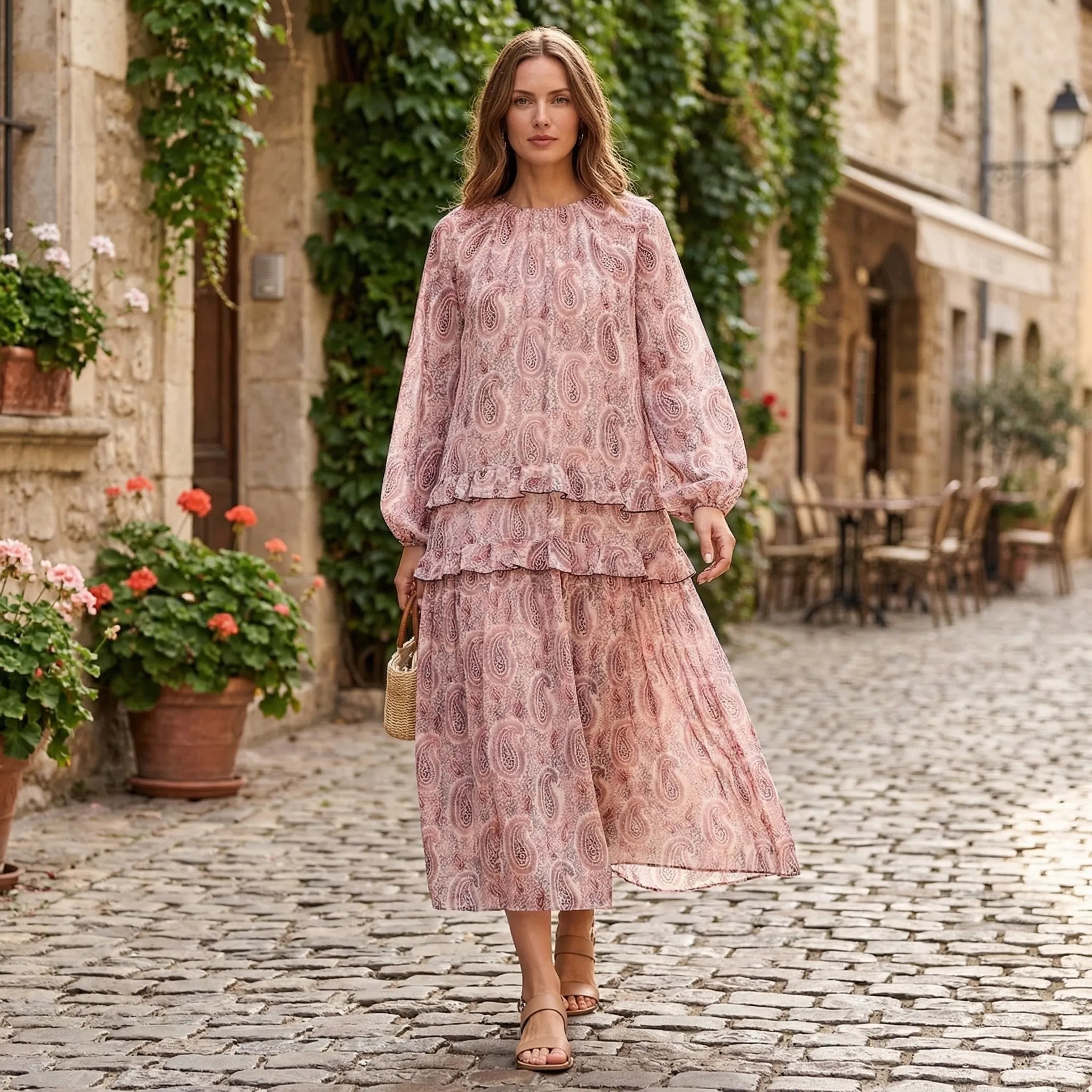 Nordspur | Ruffleyne Paisley Print Midi Dress With Cascading Ruffles