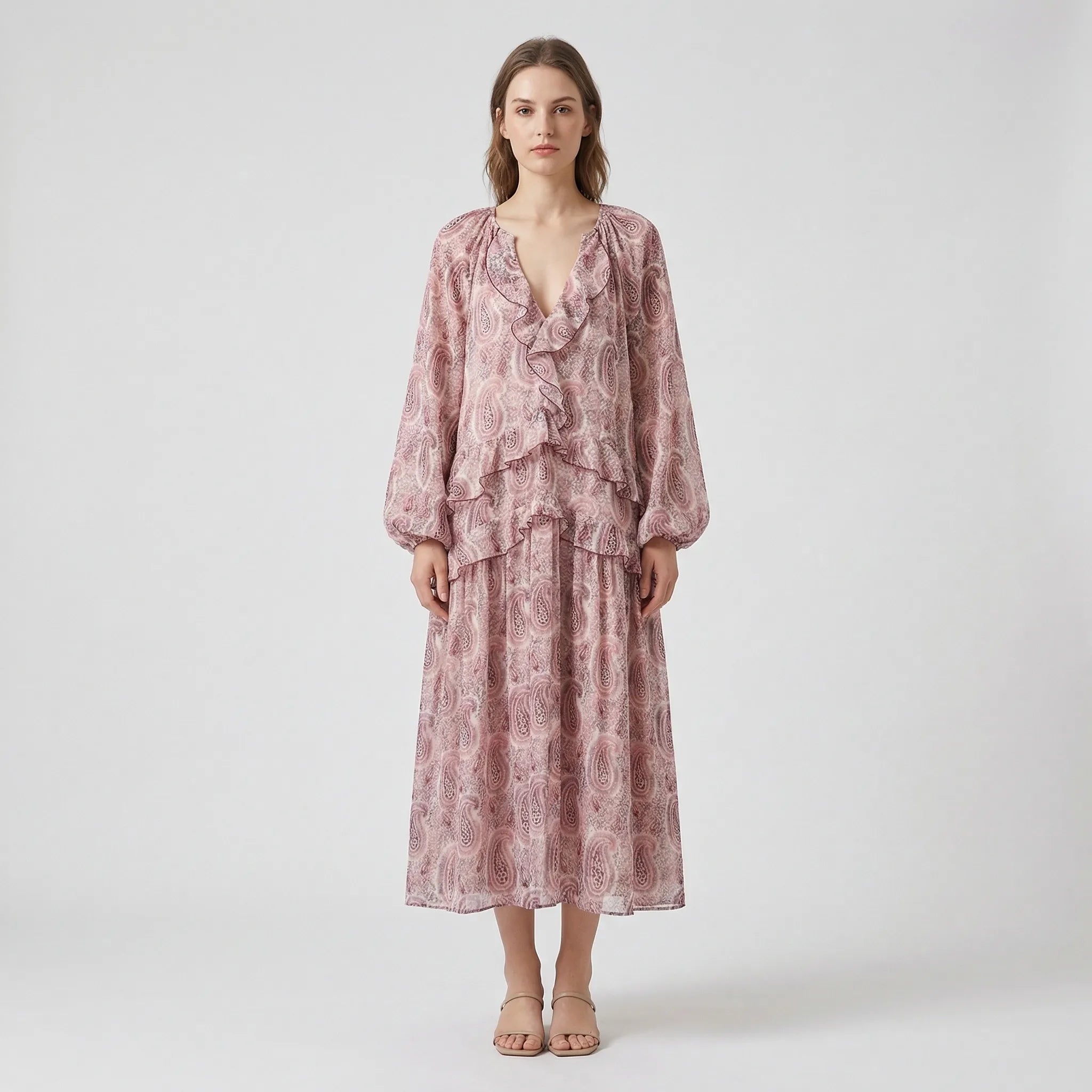 Nordspur | Ruffleyne Paisley Print Midi Dress With Cascading Ruffles